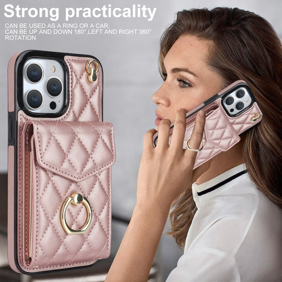 For iPhone 13 Pro Max Rhombic Texture Card Bag Phone Case with Long Lanyard(Rose Gold)