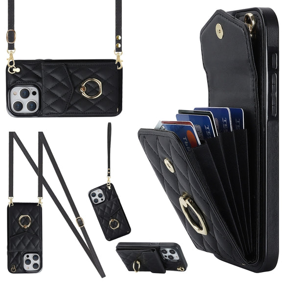 For iPhone 15 Plus Rhombic Texture Card Bag Phone Case with Long Lanyard(Black)