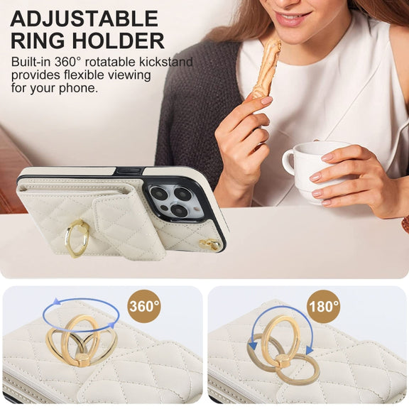 For iPhone 15 Plus Rhombic Texture Card Bag Phone Case with Long Lanyard(White)