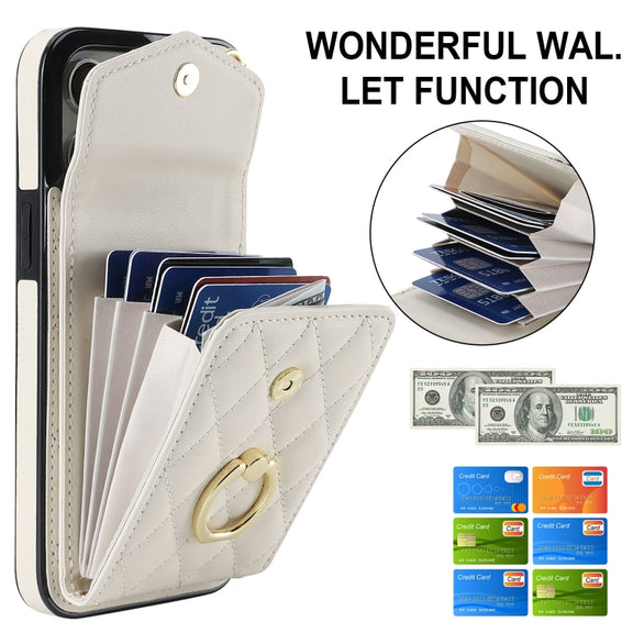 For iPhone 15 Plus Rhombic Texture Card Bag Phone Case with Long Lanyard(White)