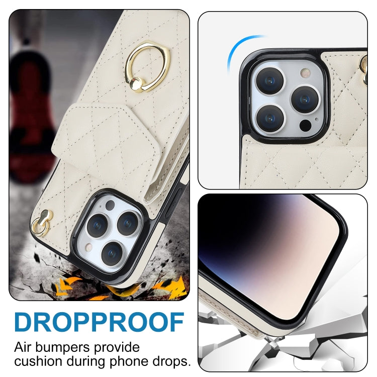 For iPhone 15 Plus Rhombic Texture Card Bag Phone Case with Long Lanyard(White)