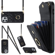 For iPhone 15 Rhombic Texture Card Bag Phone Case with Long Lanyard(Black)