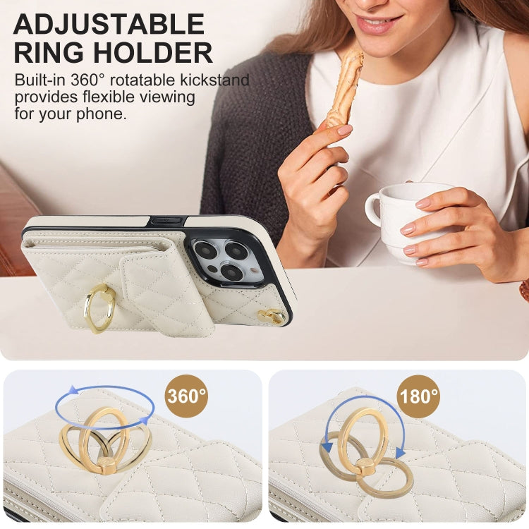 For iPhone 15 Rhombic Texture Card Bag Phone Case with Long Lanyard(White)