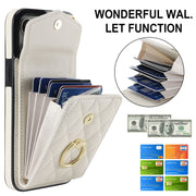 For iPhone 15 Rhombic Texture Card Bag Phone Case with Long Lanyard(White)