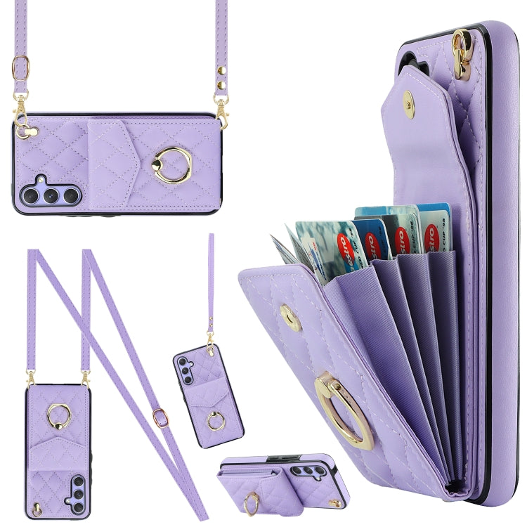 For Samsung Galaxy A54 5G Rhombic Texture Card Bag Phone Case with Long Lanyard(Light Purple)