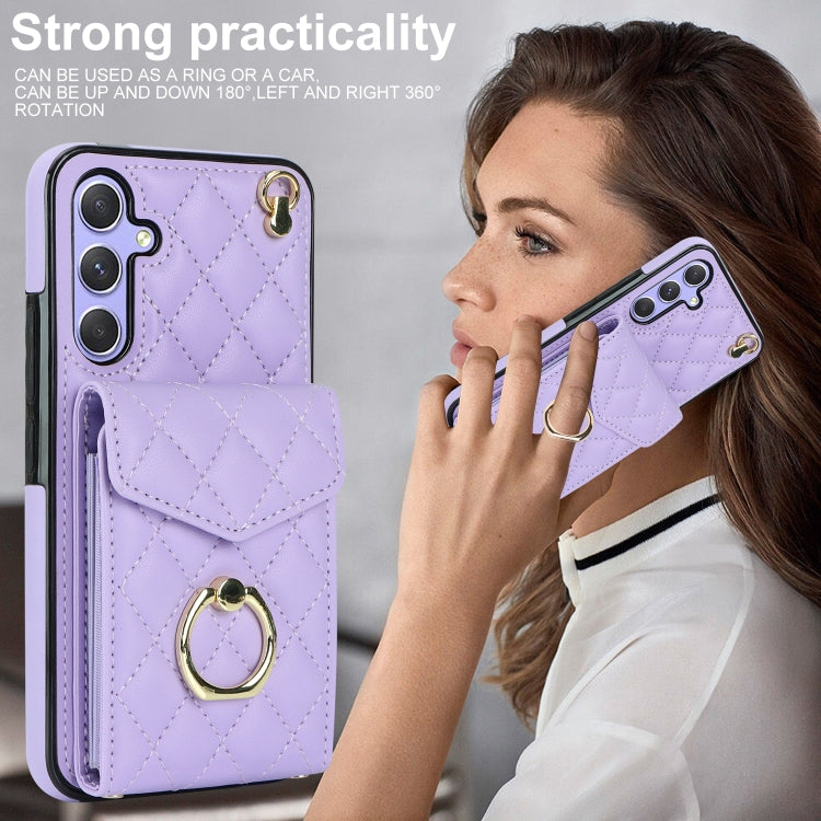 For Samsung Galaxy A54 5G Rhombic Texture Card Bag Phone Case with Long Lanyard(Light Purple)