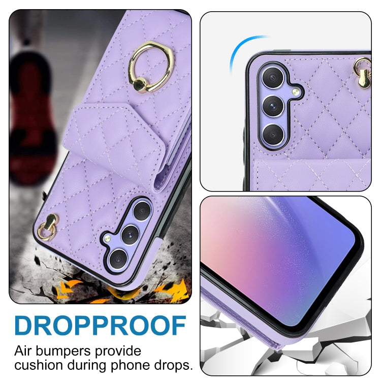 For Samsung Galaxy A54 5G Rhombic Texture Card Bag Phone Case with Long Lanyard(Light Purple)