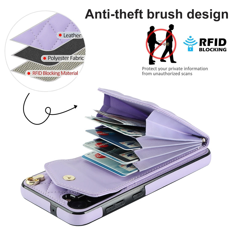 For Samsung Galaxy A54 5G Rhombic Texture Card Bag Phone Case with Long Lanyard(Light Purple)