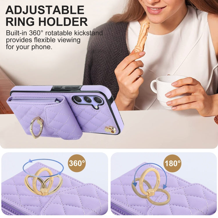 For Samsung Galaxy A54 5G Rhombic Texture Card Bag Phone Case with Long Lanyard(Light Purple)