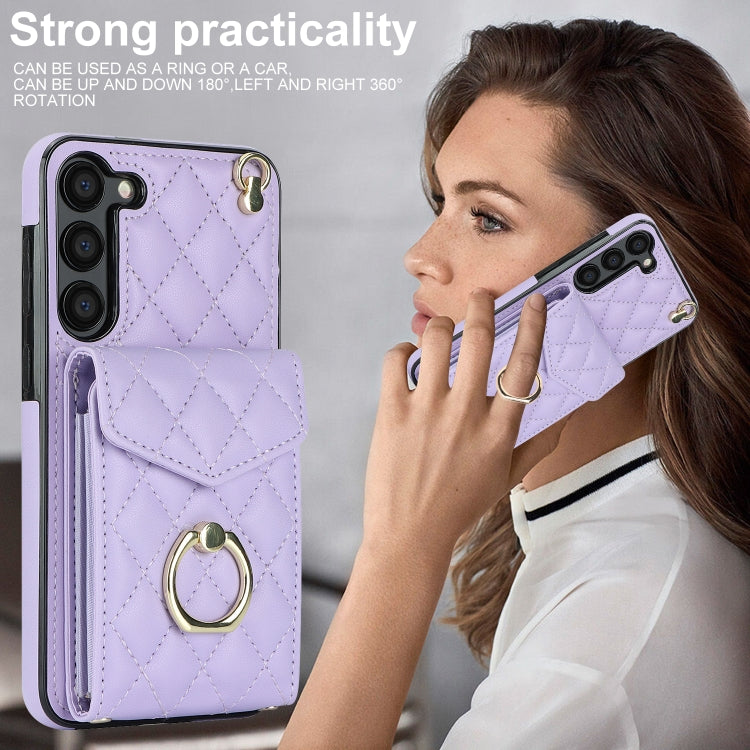 For Samsung Galaxy S23+ 5G Rhombic Texture Card Bag Phone Case with Long Lanyard(Light Purple)