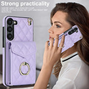 For Samsung Galaxy S23+ 5G Rhombic Texture Card Bag Phone Case with Long Lanyard(Light Purple)