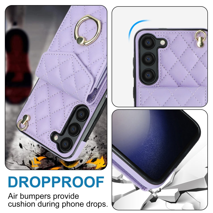 For Samsung Galaxy S23+ 5G Rhombic Texture Card Bag Phone Case with Long Lanyard(Light Purple)