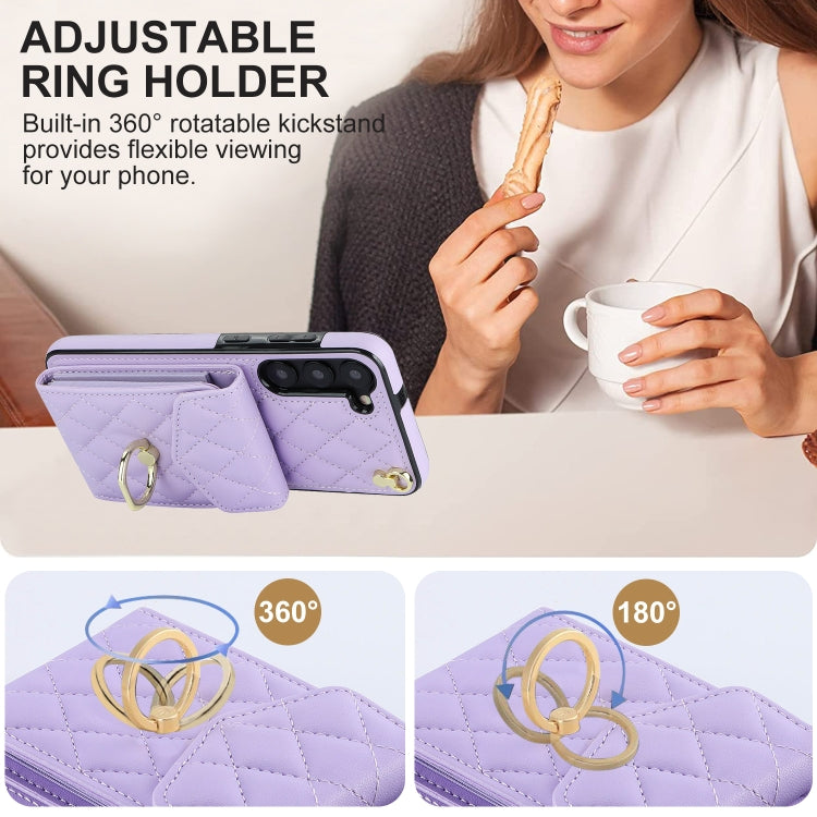 For Samsung Galaxy S23+ 5G Rhombic Texture Card Bag Phone Case with Long Lanyard(Light Purple)