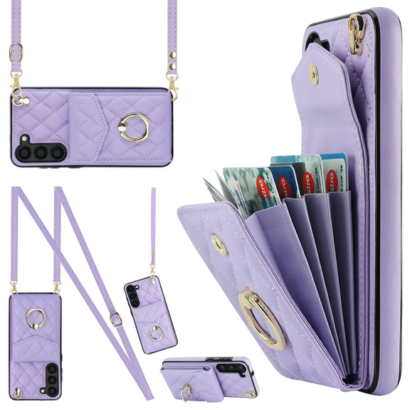For Samsung Galaxy S23+ 5G Rhombic Texture Card Bag Phone Case with Long Lanyard(Light Purple)