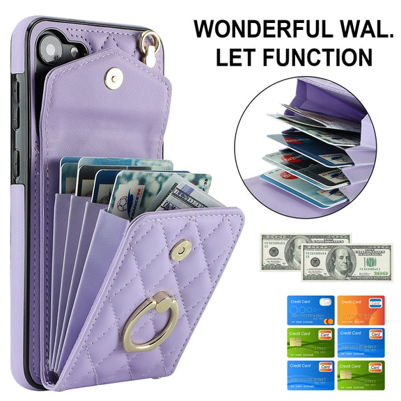 For Samsung Galaxy S23+ 5G Rhombic Texture Card Bag Phone Case with Long Lanyard(Light Purple)