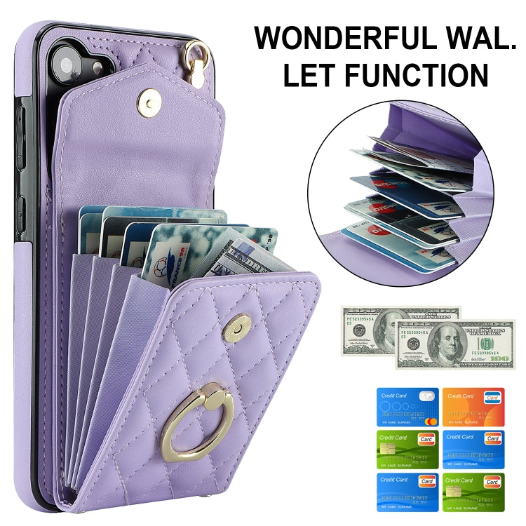 For Samsung Galaxy S23+ 5G Rhombic Texture Card Bag Phone Case with Long Lanyard(Light Purple)