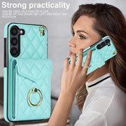For Samsung Galaxy S23 5G Rhombic Texture Card Bag Phone Case with Long Lanyard(Mint Green)