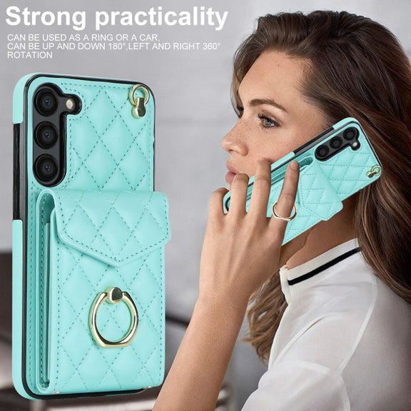 For Samsung Galaxy S23 5G Rhombic Texture Card Bag Phone Case with Long Lanyard(Mint Green)