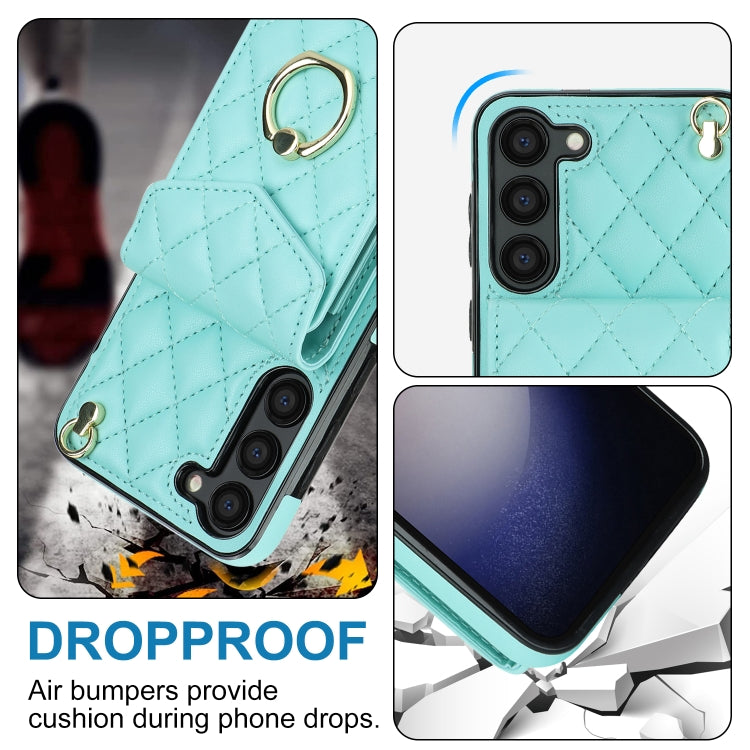 For Samsung Galaxy S23 5G Rhombic Texture Card Bag Phone Case with Long Lanyard(Mint Green)