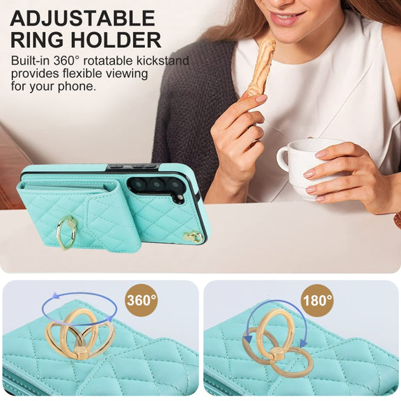 For Samsung Galaxy S23 5G Rhombic Texture Card Bag Phone Case with Long Lanyard(Mint Green)