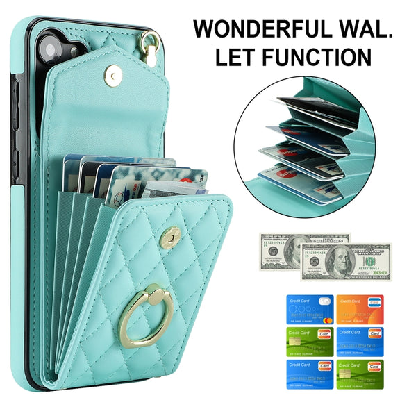 For Samsung Galaxy S23 5G Rhombic Texture Card Bag Phone Case with Long Lanyard(Mint Green)