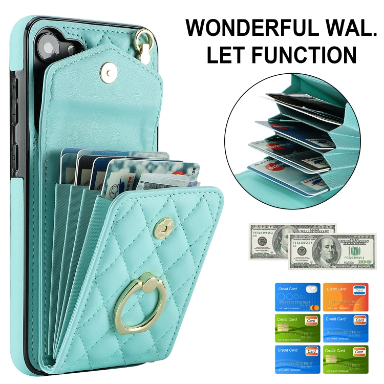 For Samsung Galaxy S23 5G Rhombic Texture Card Bag Phone Case with Long Lanyard(Mint Green)