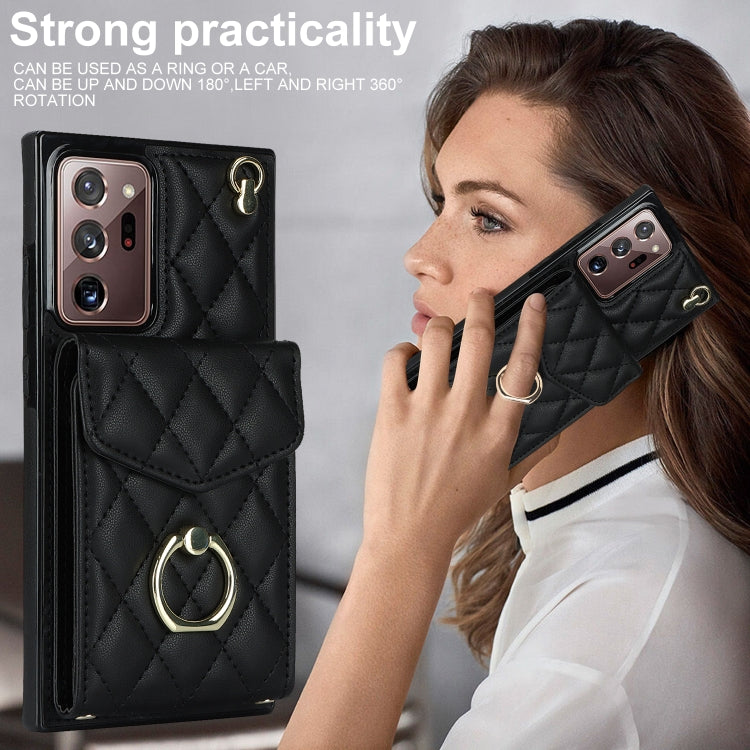For Samsung Galaxy Note20 Ultra Rhombic Texture Card Bag Phone Case with Long Lanyard(Black)