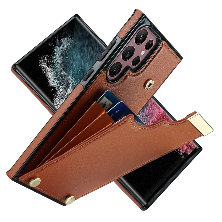 For Samsung Galaxy S22 Ultra 5G Metal Buckle Card Slots Phone Case(Brown)