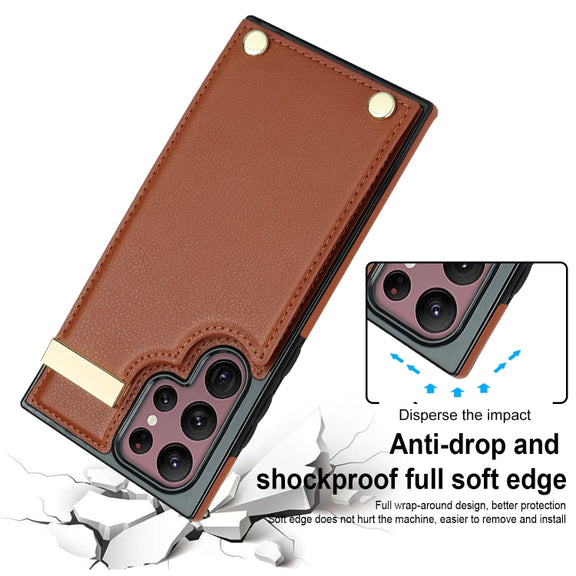 For Samsung Galaxy S22 Ultra 5G Metal Buckle Card Slots Phone Case(Brown)