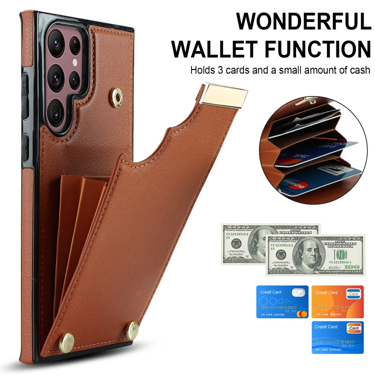 For Samsung Galaxy S22 Ultra 5G Metal Buckle Card Slots Phone Case(Brown)
