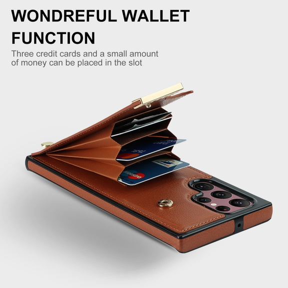 For Samsung Galaxy S22 Ultra 5G Metal Buckle Card Slots Phone Case(Brown)