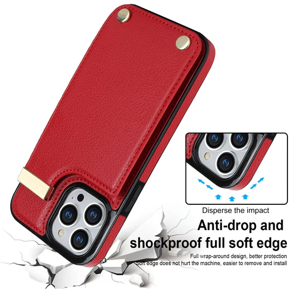 For iPhone 14 Pro Max Metal Buckle Card Slots Phone Case(Red)