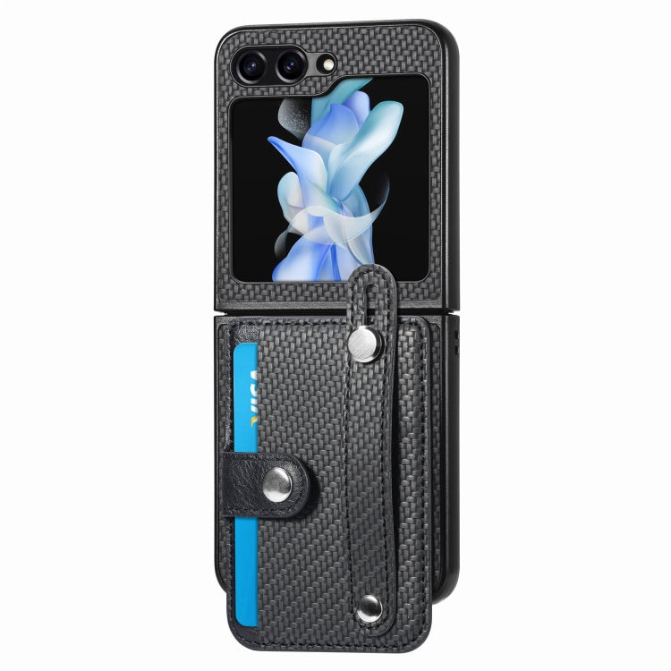 For Samsung Galaxy Z Flip5 Carbon Fiber Wristband Wallet Back Phone Case(Black)