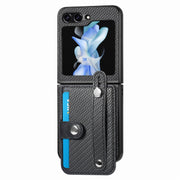 For Samsung Galaxy Z Flip5 Carbon Fiber Wristband Wallet Back Phone Case(Black)