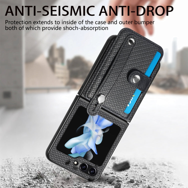 For Samsung Galaxy Z Flip5 Carbon Fiber Wristband Wallet Back Phone Case(Black)