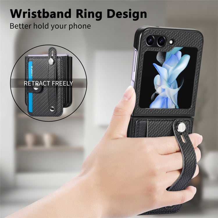 For Samsung Galaxy Z Flip5 Carbon Fiber Wristband Wallet Back Phone Case(Black)