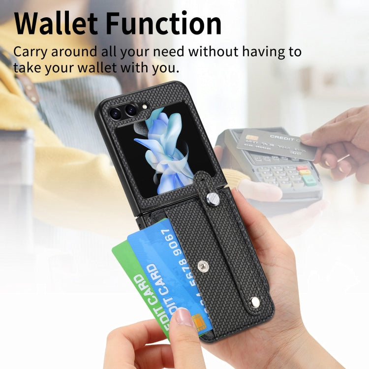 For Samsung Galaxy Z Flip5 Carbon Fiber Wristband Wallet Back Phone Case(Black)