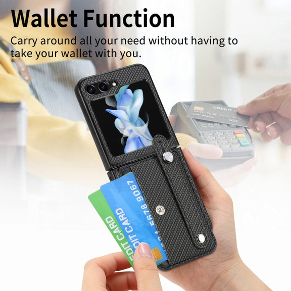 For Samsung Galaxy Z Flip5 Carbon Fiber Wristband Wallet Back Phone Case(Black)