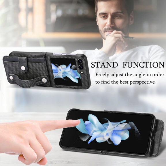 For Samsung Galaxy Z Flip5 Carbon Fiber Wristband Wallet Back Phone Case(Black)