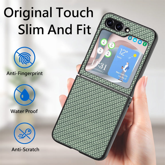 For Samsung Galaxy Z Flip5 Carbon Fiber Fold Back Phone Case(Green)