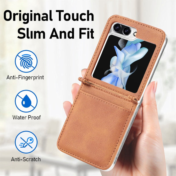 For Samsung Galaxy Z Flip5 Litchi Texture PU Card Fold Back Phone Case(Brown)