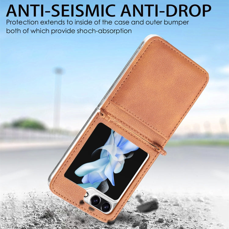 For Samsung Galaxy Z Flip5 Litchi Texture PU Card Fold Back Phone Case(Brown)