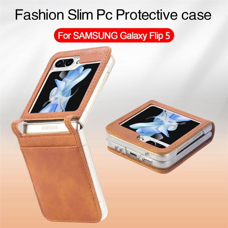 For Samsung Galaxy Z Flip5 Litchi Texture PU Card Fold Back Phone Case(Brown)