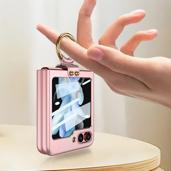 For Samsung Galaxy Z Flip5 GKK Ultra-thin PC Full Coverage Phone Case with Ring Holder / Tempered Film(Pink)