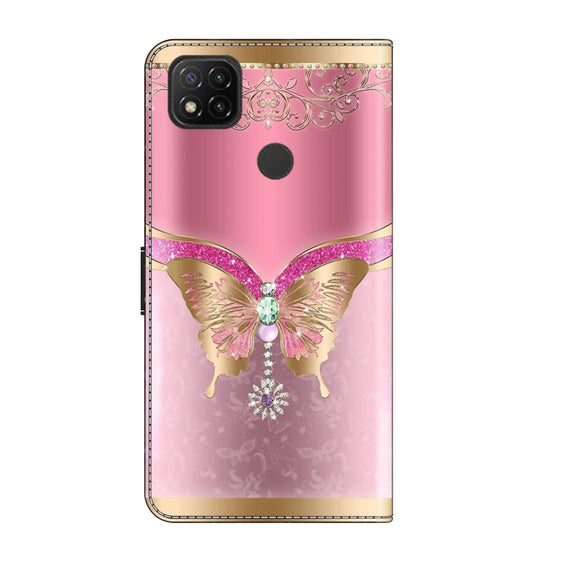 For Xiaomi Redmi 9C Crystal 3D Shockproof Protective Leather Phone Case(Pink Bottom Butterfly)
