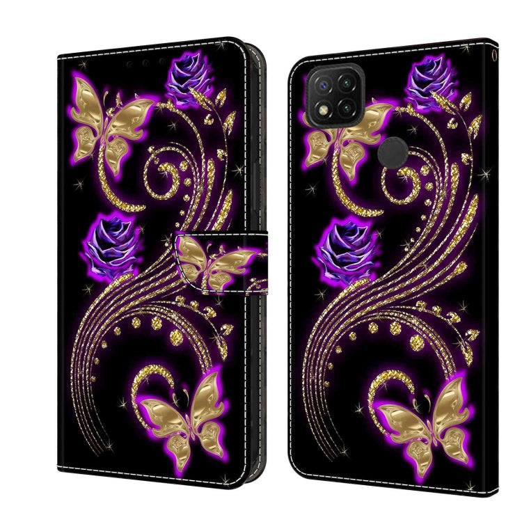 For Xiaomi Redmi 9C Crystal 3D Shockproof Protective Leather Phone Case(Purple Flower Butterfly)