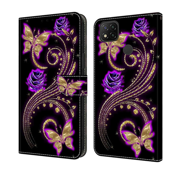 For Xiaomi Redmi 9C Crystal 3D Shockproof Protective Leather Phone Case(Purple Flower Butterfly)