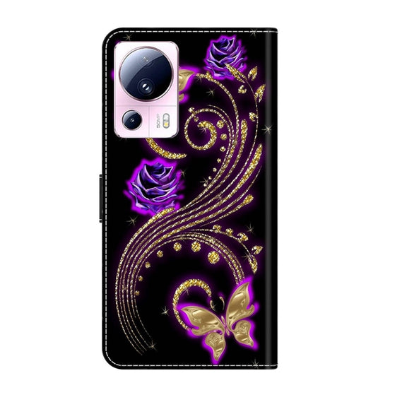 For Xiaomi 13 Lite Crystal 3D Shockproof Protective Leather Phone Case(Purple Flower Butterfly)