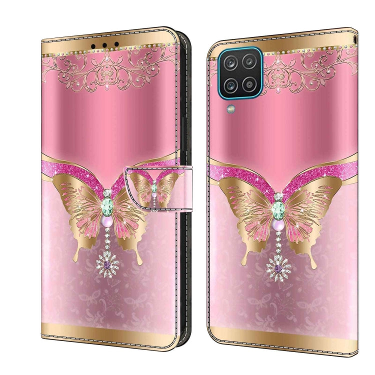 For Samsung Galaxy A12 4G / 5G Crystal 3D Shockproof Protective Leather Phone Case(Pink Bottom Butterfly)