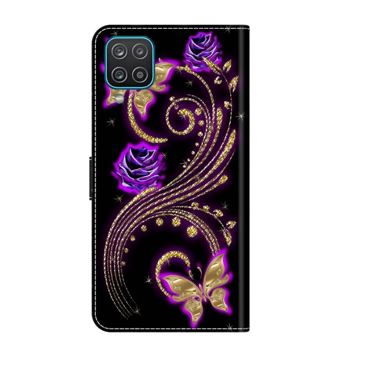 For Samsung Galaxy A12 4G / 5G Crystal 3D Shockproof Protective Leather Phone Case(Purple Flower Butterfly)